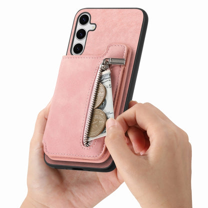 For Samsung Galaxy S25+ 5G Retro MagSafe Zipper Wallet Card Bag Back Phone Case(Pink) by buy2fix