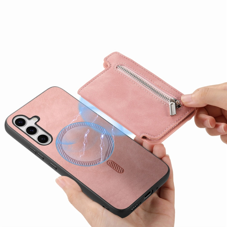 For Samsung Galaxy S25+ 5G Retro MagSafe Zipper Wallet Card Bag Back Phone Case(Pink) by buy2fix