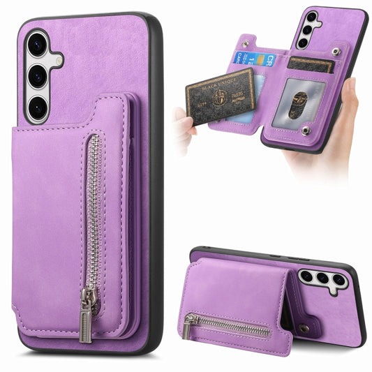 For Samsung Galaxy S25+ 5G Retro MagSafe Zipper Wallet Card Bag Back Phone Case(Purple) by buy2fix