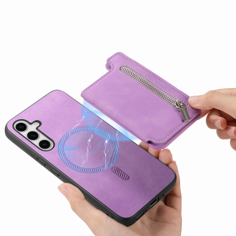 For Samsung Galaxy S25+ 5G Retro MagSafe Zipper Wallet Card Bag Back Phone Case(Purple) by buy2fix