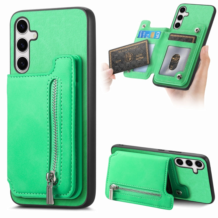For Samsung Galaxy S25+ 5G Retro MagSafe Zipper Wallet Card Bag Back Phone Case(Green) by buy2fix