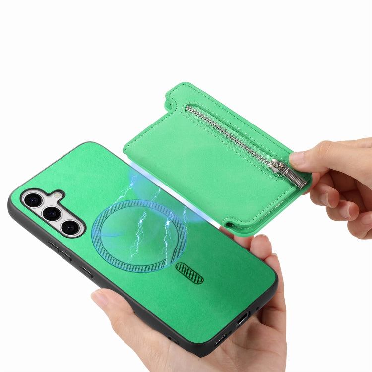 For Samsung Galaxy S25+ 5G Retro MagSafe Zipper Wallet Card Bag Back Phone Case(Green) by buy2fix