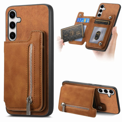 For Samsung Galaxy S25+ 5G Retro MagSafe Zipper Wallet Card Bag Back Phone Case(Brown) by buy2fix