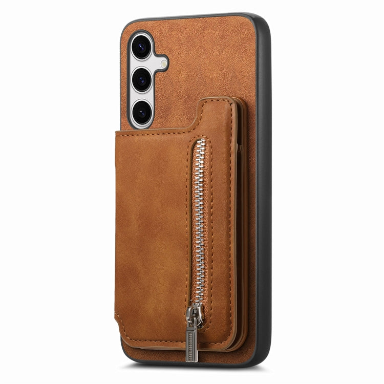 For Samsung Galaxy S25+ 5G Retro MagSafe Zipper Wallet Card Bag Back Phone Case(Brown) by buy2fix