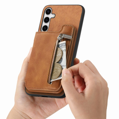 For Samsung Galaxy S25+ 5G Retro MagSafe Zipper Wallet Card Bag Back Phone Case(Brown) by buy2fix