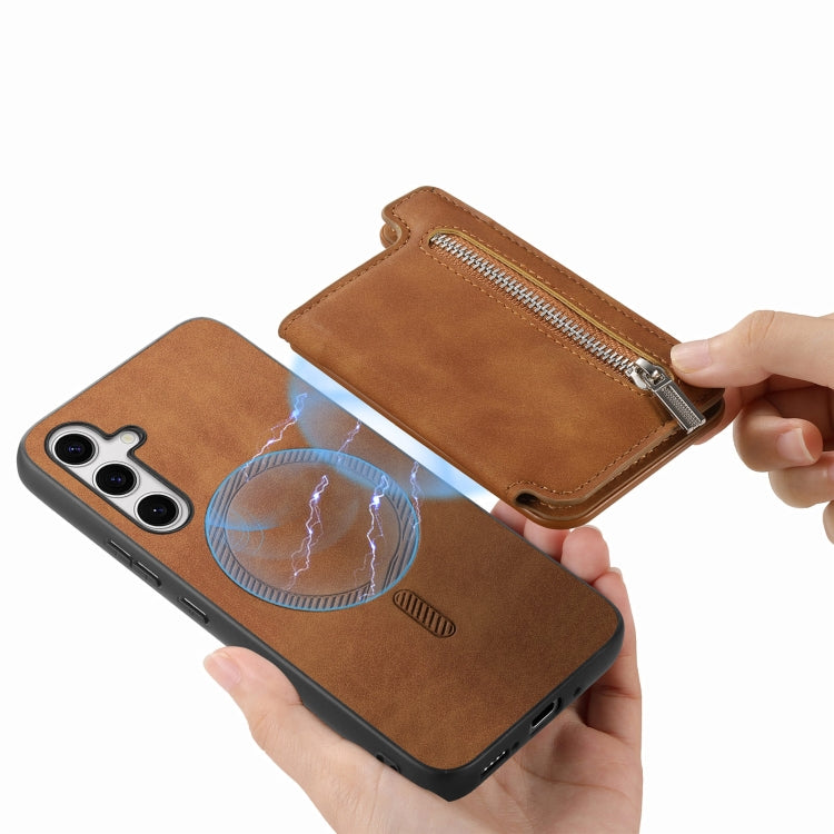 For Samsung Galaxy S25+ 5G Retro MagSafe Zipper Wallet Card Bag Back Phone Case(Brown) by buy2fix
