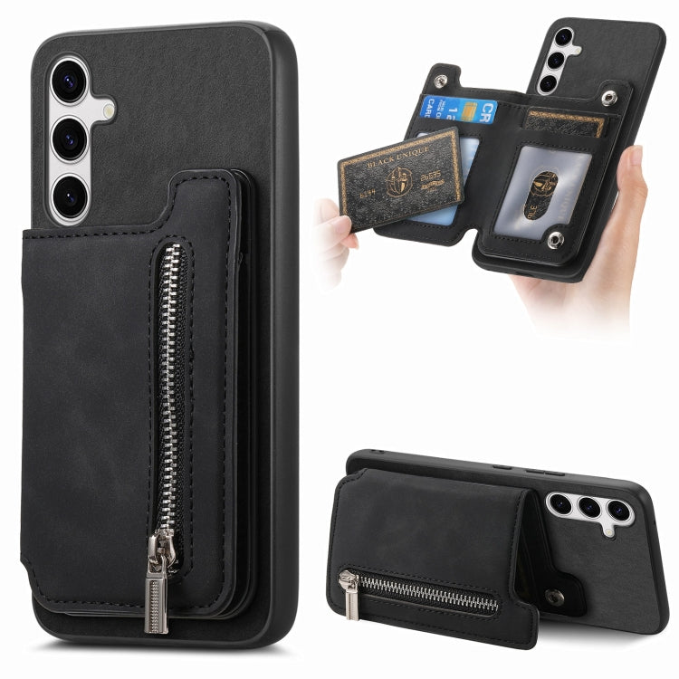 For Samsung Galaxy S25+ 5G Retro MagSafe Zipper Wallet Card Bag Back Phone Case(Black) by buy2fix
