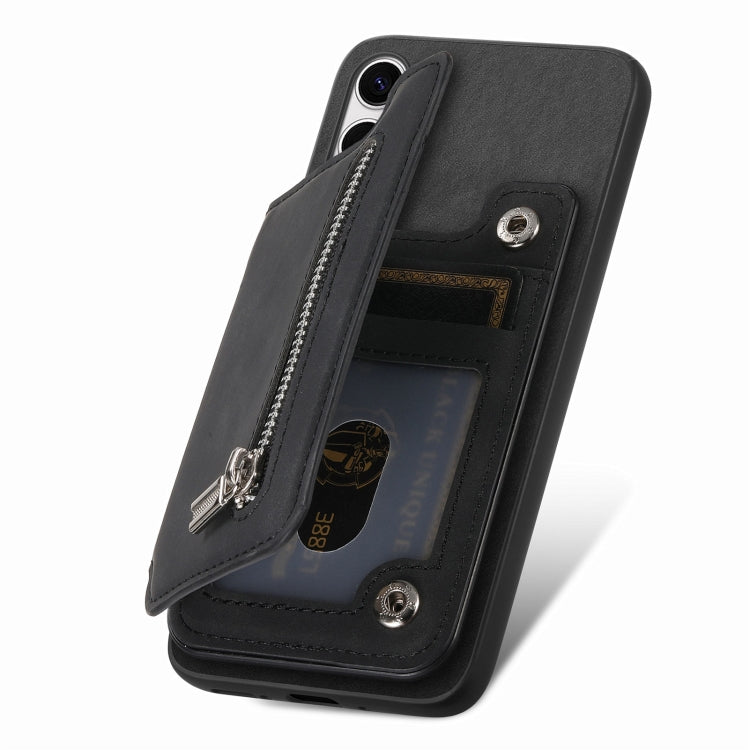 For Samsung Galaxy S25+ 5G Retro MagSafe Zipper Wallet Card Bag Back Phone Case(Black) by buy2fix