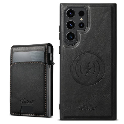 For Samsung Galaxy S22 Ultra 5G Suteni H19 Oil Wax 2-in-1 MagSafe Removable Card Box Back Phone Case(Black) - Galaxy S22 Ultra 5G Cases by Suteni | Online Shopping UK | buy2fix