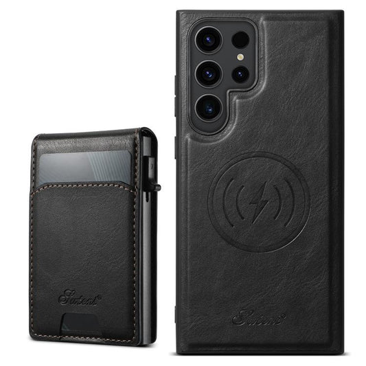 For Samsung Galaxy S25 Ultra 5G Suteni H19 Oil Wax 2-in-1 MagSafe Removable Card Box Back Phone Case(Black) - Galaxy S25 Ultra 5G Cases by Suteni | Online Shopping UK | buy2fix