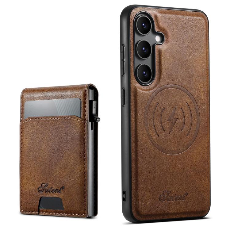 For Samsung Galaxy S25 5G Suteni H19 Oil Wax 2-in-1 MagSafe Removable Card Box Back Phone Case(Brown) - Galaxy S25 5G Cases by Suteni | Online Shopping UK | buy2fix