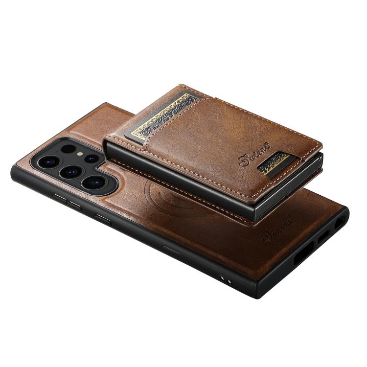 For Samsung Galaxy S25 5G Suteni H19 Oil Wax 2-in-1 MagSafe Removable Card Box Back Phone Case(Brown) - Galaxy S25 5G Cases by Suteni | Online Shopping UK | buy2fix