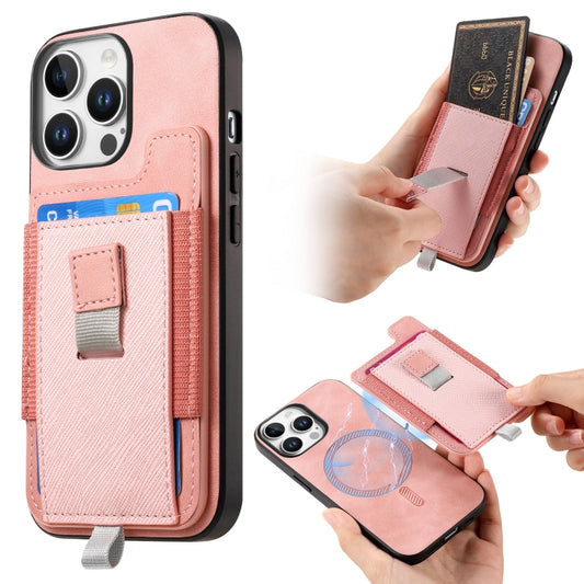 For iPhone 16 Pro Max Retro Magsafe Cross Leather Pull-Out Card Bag Back Phone Case(Pink) - iPhone 16 Pro Max Cases by buy2fix | Online Shopping UK | buy2fix