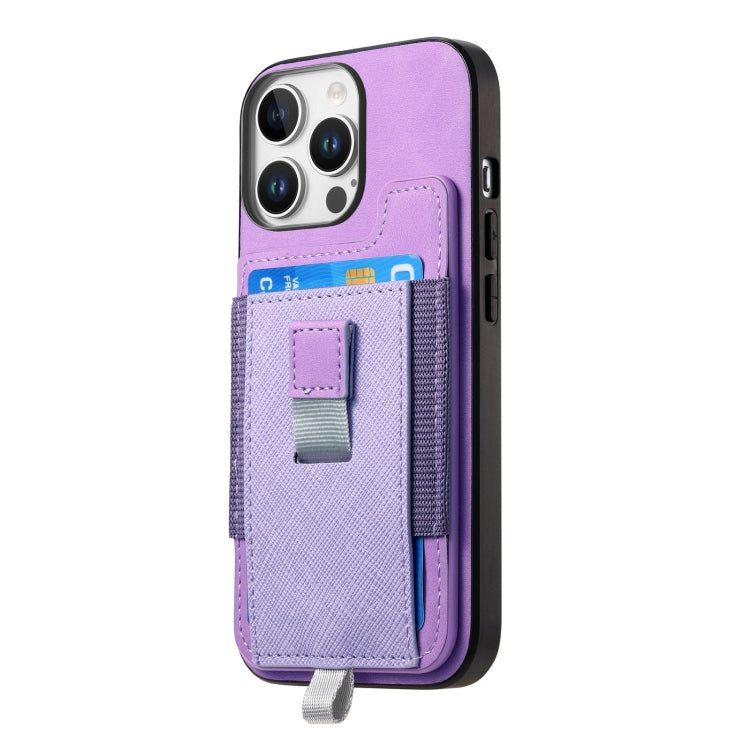 For iPhone 16 Pro Retro Magsafe Cross Leather Pull-Out Card Bag Back Phone Case(Purple) - iPhone 16 Pro Cases by buy2fix | Online Shopping UK | buy2fix