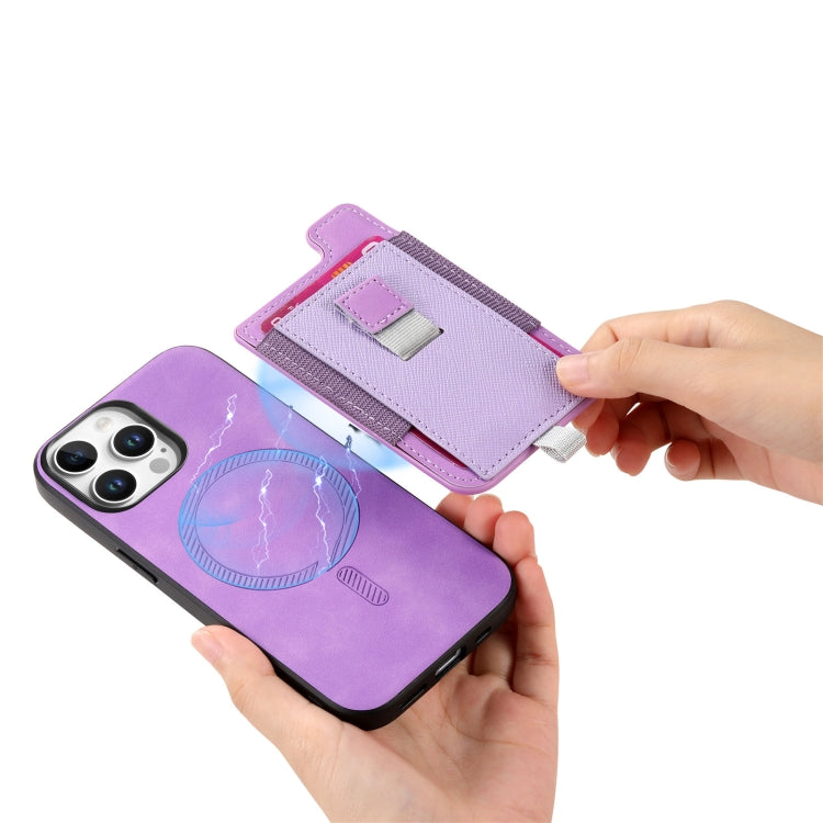 For iPhone 16 Pro Retro Magsafe Cross Leather Pull-Out Card Bag Back Phone Case(Purple) - iPhone 16 Pro Cases by buy2fix | Online Shopping UK | buy2fix