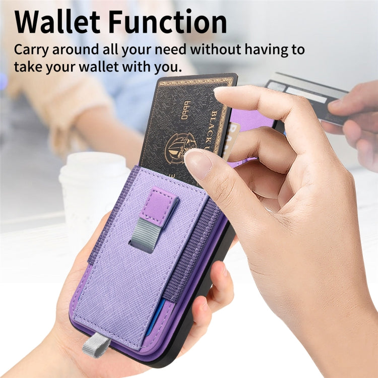 For iPhone 16 Pro Retro Magsafe Cross Leather Pull-Out Card Bag Back Phone Case(Purple) - iPhone 16 Pro Cases by buy2fix | Online Shopping UK | buy2fix