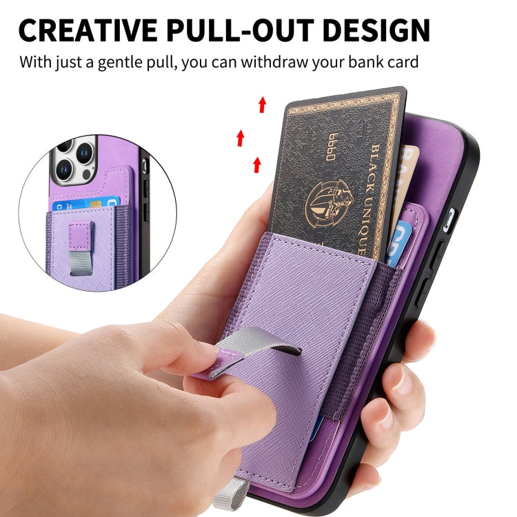 For iPhone 16 Pro Retro Magsafe Cross Leather Pull-Out Card Bag Back Phone Case(Purple) - iPhone 16 Pro Cases by buy2fix | Online Shopping UK | buy2fix
