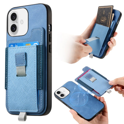For iPhone 16 Plus Retro Magsafe Cross Leather Pull-Out Card Bag Back Phone Case(Blue) - iPhone 16 Plus Cases by buy2fix | Online Shopping UK | buy2fix