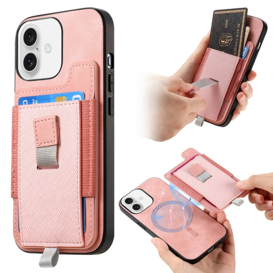 For iPhone 16 Plus Retro Magsafe Cross Leather Pull-Out Card Bag Back Phone Case(Pink) - iPhone 16 Plus Cases by buy2fix | Online Shopping UK | buy2fix