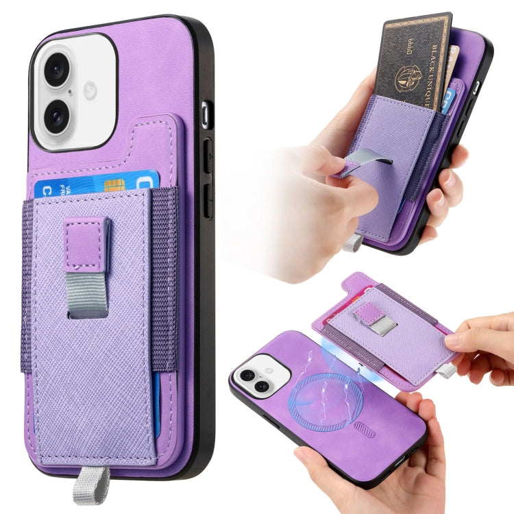 For iPhone 16 Plus Retro Magsafe Cross Leather Pull-Out Card Bag Back Phone Case(Purple) - iPhone 16 Plus Cases by buy2fix | Online Shopping UK | buy2fix