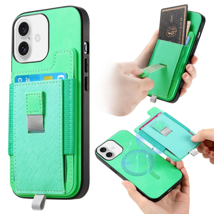 For iPhone 16 Plus Retro Magsafe Cross Leather Pull-Out Card Bag Back Phone Case(Green) - iPhone 16 Plus Cases by buy2fix | Online Shopping UK | buy2fix