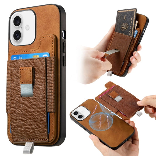 For iPhone 16 Plus Retro Magsafe Cross Leather Pull-Out Card Bag Back Phone Case(Brown) - iPhone 16 Plus Cases by buy2fix | Online Shopping UK | buy2fix
