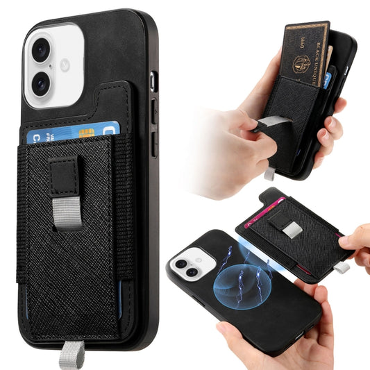 For iPhone 16 Plus Retro Magsafe Cross Leather Pull-Out Card Bag Back Phone Case(Black) - iPhone 16 Plus Cases by buy2fix | Online Shopping UK | buy2fix