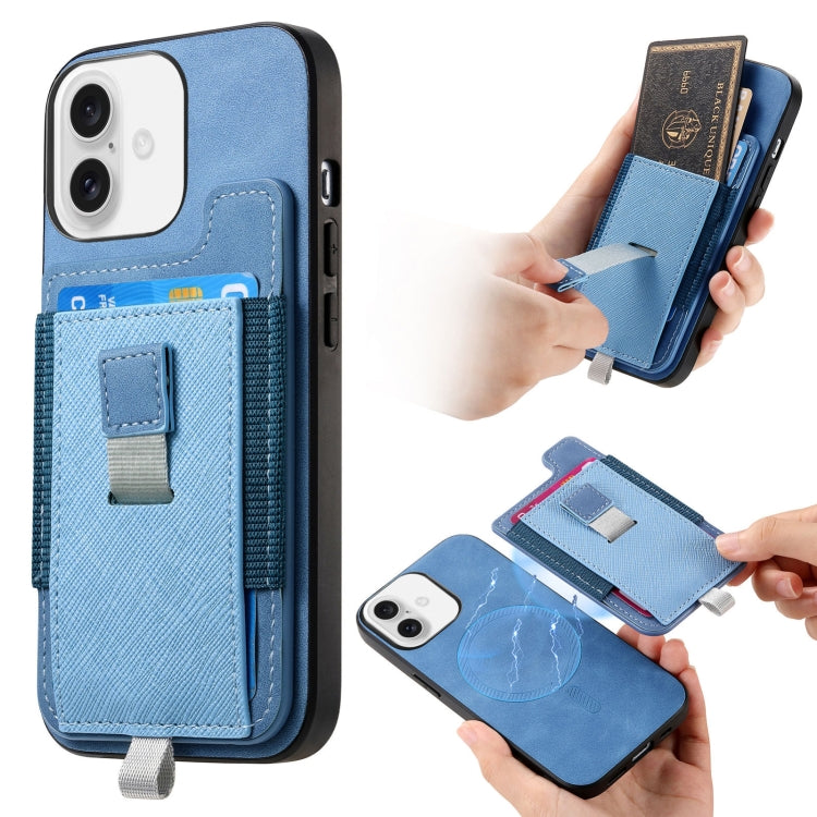 For iPhone 16 Retro Magsafe Cross Leather Pull-Out Card Bag Back Phone Case(Blue) - iPhone 16 Cases by buy2fix | Online Shopping UK | buy2fix