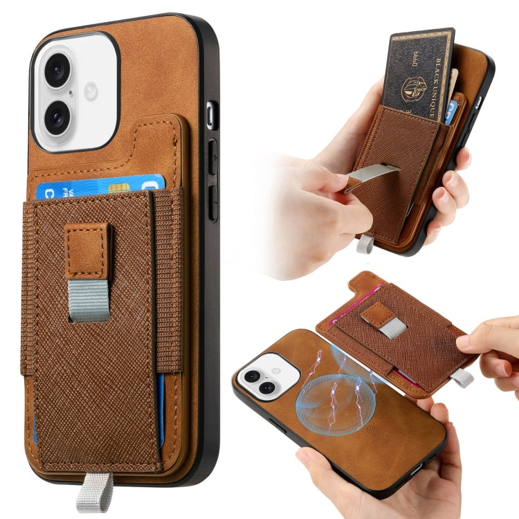 For iPhone 16 Retro Magsafe Cross Leather Pull-Out Card Bag Back Phone Case(Brown) - iPhone 16 Cases by buy2fix | Online Shopping UK | buy2fix