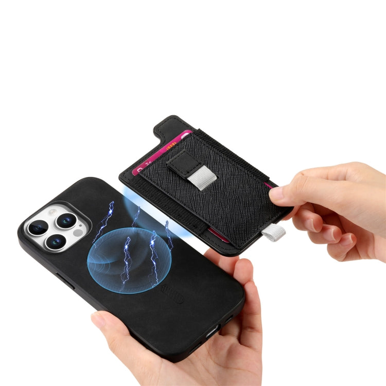 For iPhone 16 Retro Magsafe Cross Leather Pull-Out Card Bag Back Phone Case(Black) - iPhone 16 Cases by buy2fix | Online Shopping UK | buy2fix