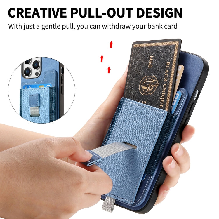 For iPhone 15 Pro max Retro Magsafe Cross Leather Pull-Out Card Bag Back Phone Case(Blue) - iPhone 15 Pro Max Cases by buy2fix | Online Shopping UK | buy2fix