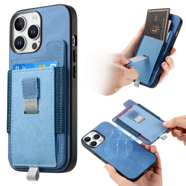 For iPhone 15 Pro Retro Magsafe Cross Leather Pull-Out Card Bag Back Phone Case(Blue) - iPhone 15 Pro Cases by buy2fix | Online Shopping UK | buy2fix