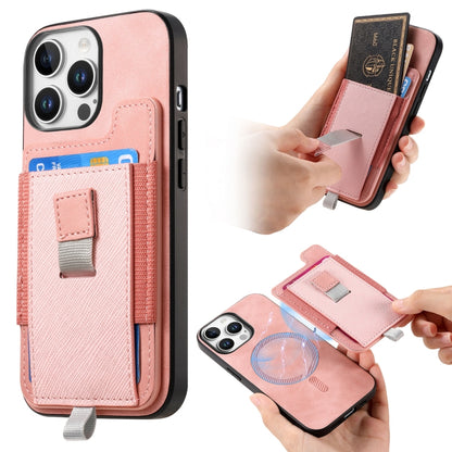 For iPhone 15 Pro Retro Magsafe Cross Leather Pull-Out Card Bag Back Phone Case(Pink) - iPhone 15 Pro Cases by buy2fix | Online Shopping UK | buy2fix