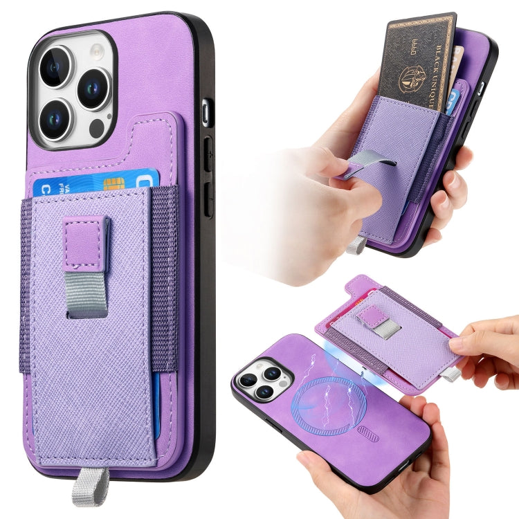 For iPhone 15 Pro Retro Magsafe Cross Leather Pull-Out Card Bag Back Phone Case(Purple) - iPhone 15 Pro Cases by buy2fix | Online Shopping UK | buy2fix