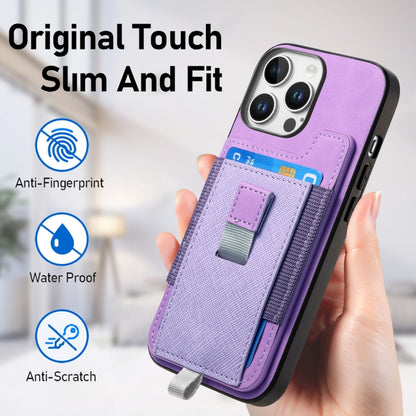 For iPhone 15 Pro Retro Magsafe Cross Leather Pull-Out Card Bag Back Phone Case(Purple) - iPhone 15 Pro Cases by buy2fix | Online Shopping UK | buy2fix