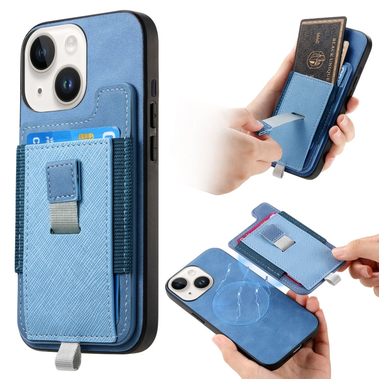 For iPhone 15 Plus Retro Magsafe Cross Leather Pull-Out Card Bag Back Phone Case(Blue) - iPhone 15 Plus Cases by buy2fix | Online Shopping UK | buy2fix