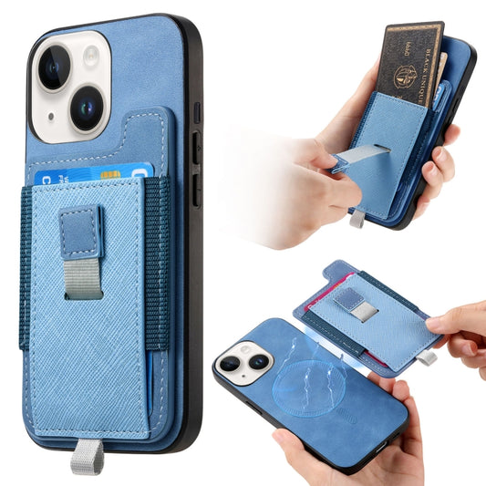 For iPhone 15 Plus Retro Magsafe Cross Leather Pull-Out Card Bag Back Phone Case(Blue) - iPhone 15 Plus Cases by buy2fix | Online Shopping UK | buy2fix