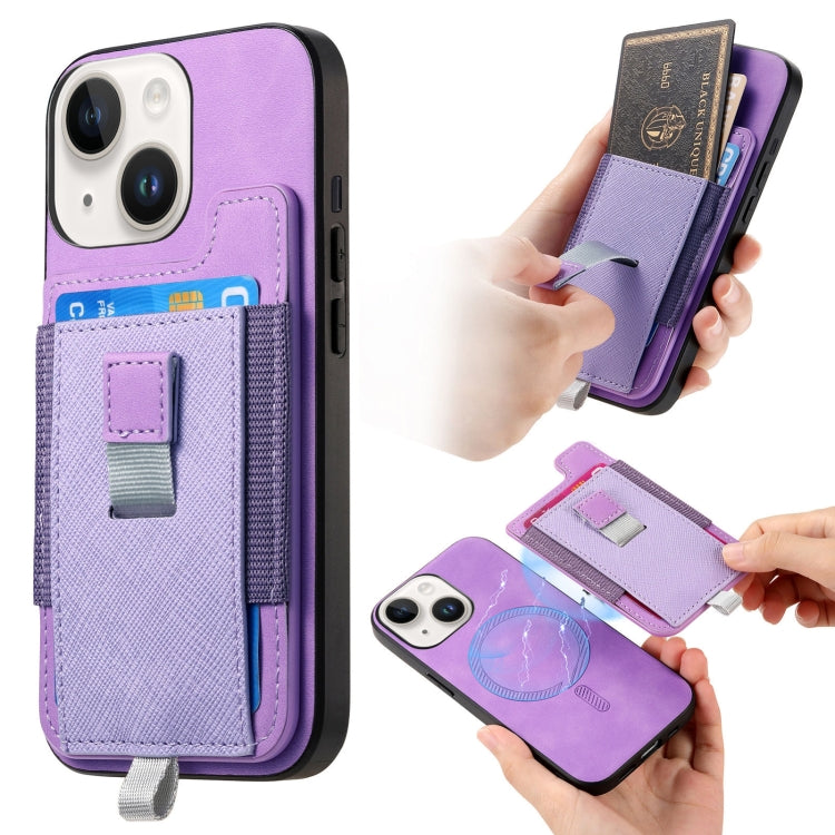 For iPhone 15 Plus Retro Magsafe Cross Leather Pull-Out Card Bag Back Phone Case(Purple) - iPhone 15 Plus Cases by buy2fix | Online Shopping UK | buy2fix