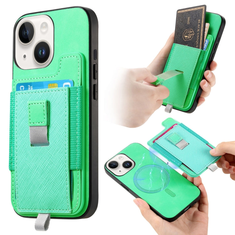 For iPhone 15 Plus Retro Magsafe Cross Leather Pull-Out Card Bag Back Phone Case(Green) - iPhone 15 Plus Cases by buy2fix | Online Shopping UK | buy2fix
