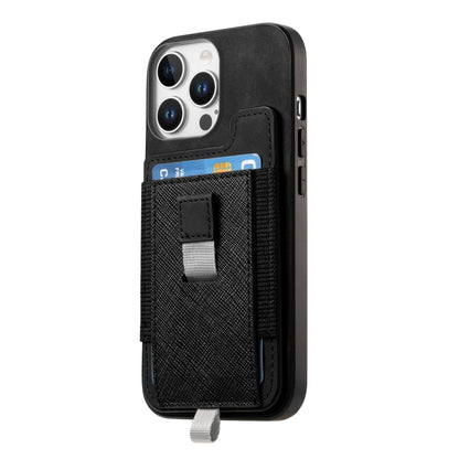 For iPhone 15 Plus Retro Magsafe Cross Leather Pull-Out Card Bag Back Phone Case(Black) - iPhone 15 Plus Cases by buy2fix | Online Shopping UK | buy2fix