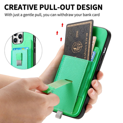 For iPhone 15 Retro Magsafe Cross Leather Pull-Out Card Bag Back Phone Case(Green) - iPhone 15 Cases by buy2fix | Online Shopping UK | buy2fix