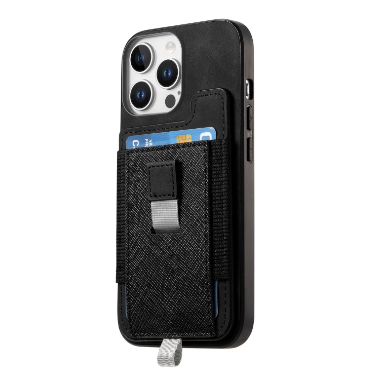 For iPhone 15 Retro Magsafe Cross Leather Pull-Out Card Bag Back Phone Case(Black) - iPhone 15 Cases by buy2fix | Online Shopping UK | buy2fix