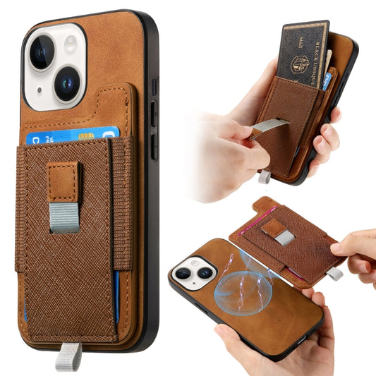For iPhone 14 Plus Retro Magsafe Cross Leather Pull-Out Card Bag Back Phone Case(Brown) - iPhone 14 Plus Cases by buy2fix | Online Shopping UK | buy2fix