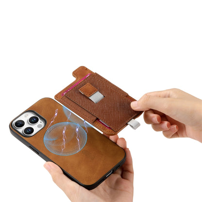 For iPhone 14 Plus Retro Magsafe Cross Leather Pull-Out Card Bag Back Phone Case(Brown) - iPhone 14 Plus Cases by buy2fix | Online Shopping UK | buy2fix