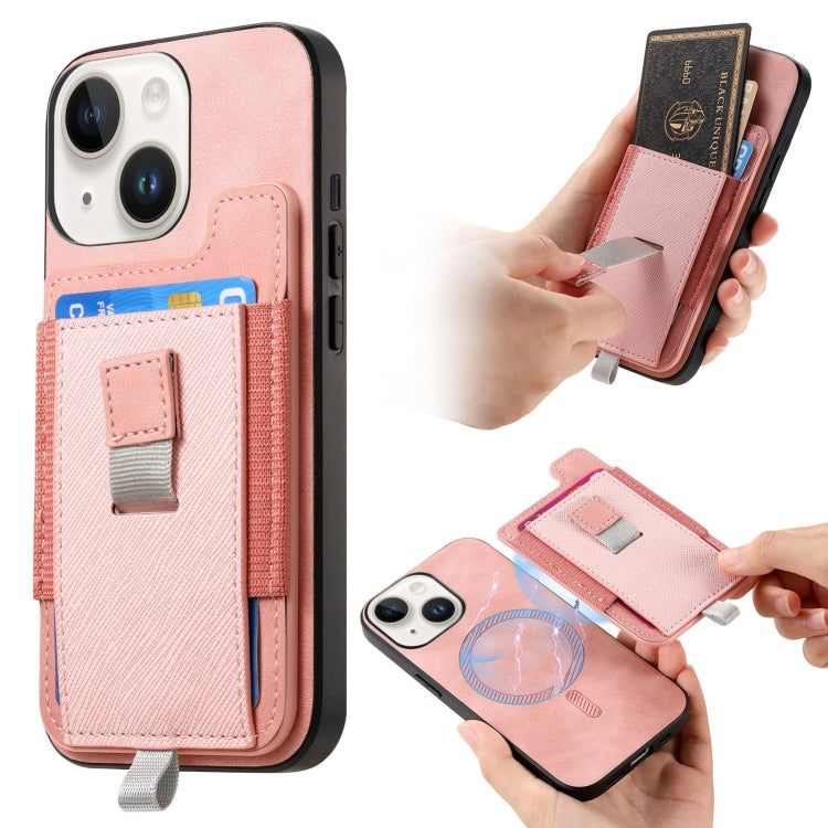 For iPhone 14 Retro Magsafe Cross Leather Pull-Out Card Bag Back Phone Case(Pink) - iPhone 14 Cases by buy2fix | Online Shopping UK | buy2fix