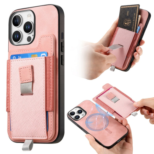 For iPhone 14 Pro Retro Magsafe Cross Leather Pull-Out Card Bag Back Phone Case(Pink) - iPhone 14 Pro Cases by buy2fix | Online Shopping UK | buy2fix