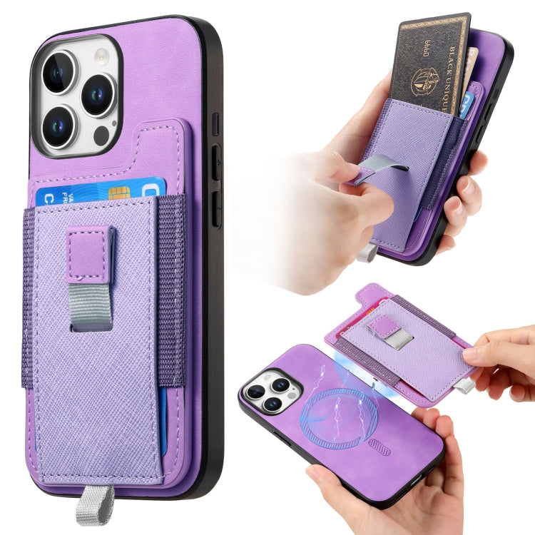 For iPhone 14 Pro Retro Magsafe Cross Leather Pull-Out Card Bag Back Phone Case(Purple) - iPhone 14 Pro Cases by buy2fix | Online Shopping UK | buy2fix