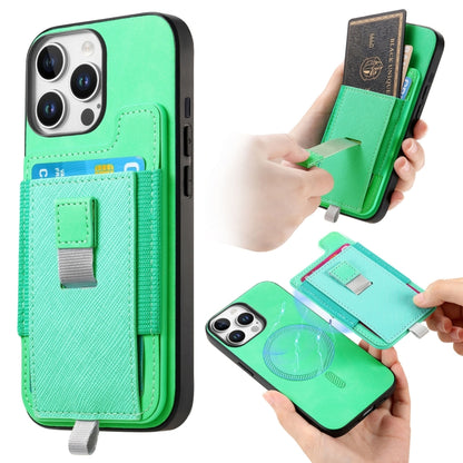For iPhone 14 Pro Retro Magsafe Cross Leather Pull-Out Card Bag Back Phone Case(Green) - iPhone 14 Pro Cases by buy2fix | Online Shopping UK | buy2fix