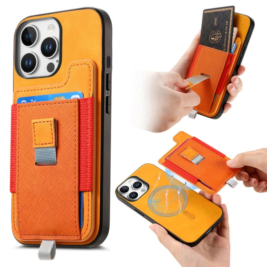 For iPhone 13 Pro Retro Magsafe Cross Leather Pull-Out Card Bag Back Phone Case(Yellow) - iPhone 13 Pro Cases by buy2fix | Online Shopping UK | buy2fix