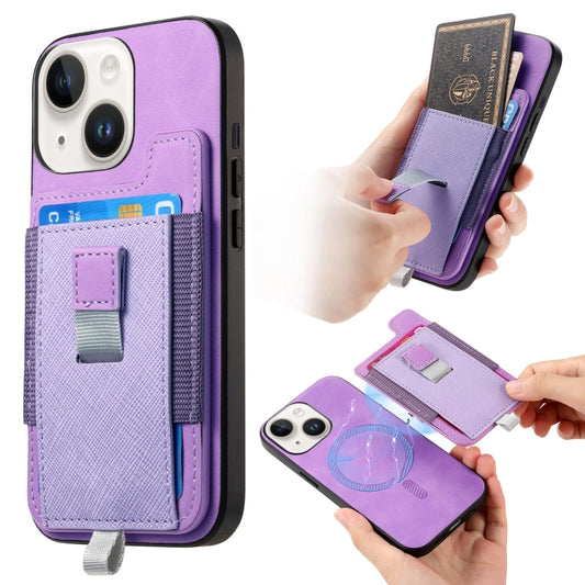 For iPhone 13 Retro Magsafe Cross Leather Pull-Out Card Bag Back Phone Case(Purple) - iPhone 13 Cases by buy2fix | Online Shopping UK | buy2fix
